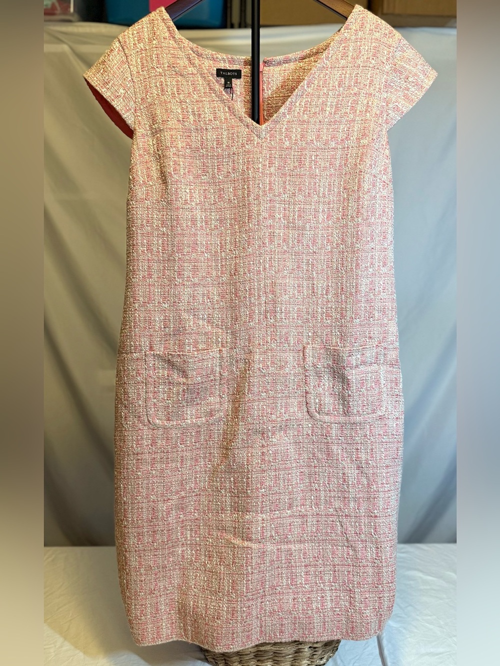 NWT Talbots Pink Textured Tweed Shift Dress with Cap Sleeves Size 16 (HH)